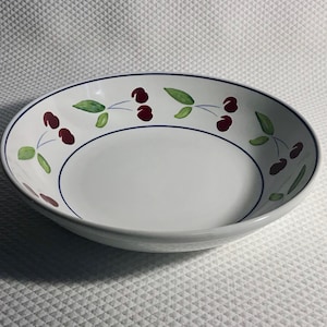 Dansk large 13" white with cherries and blue rim serving bowl