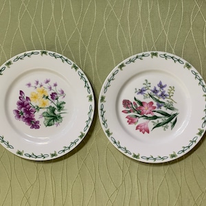 May include: Two white ceramic plates with green floral borders. One plate features a purple and yellow floral design, while the other features a pink and purple floral design.