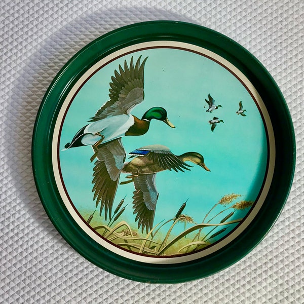 Vintage "Mallards in Flight, Chesapeake Collection". Designed Exclusively by Avon, 12" diameter metal serving tray