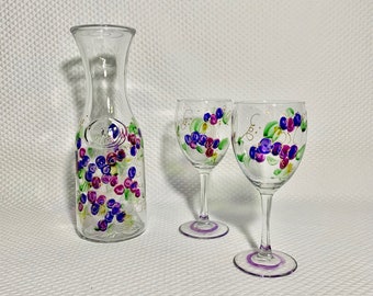 Hand-painted California Wine service set decanter and 2 glasses