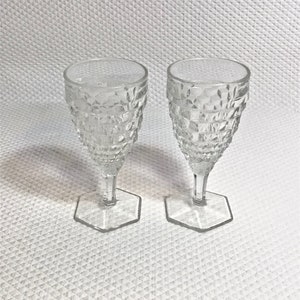 Set of 2 Vintage Mid Century Modern heavy clear ice cube pressed glass wine or water goblets