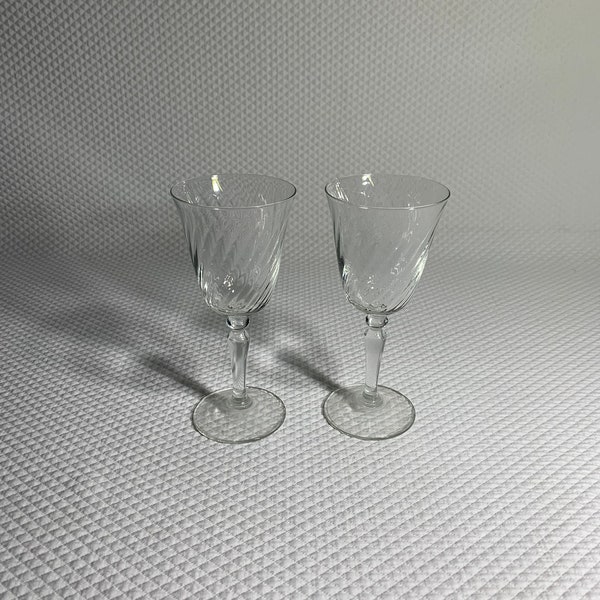 Set of 2 Vintage Classic clear swirl wine glasses, marked France.