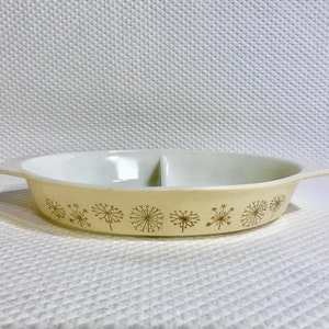 Vintage Pyrex Dandelion special edition divided casserole dish, Made in USA Oven ware