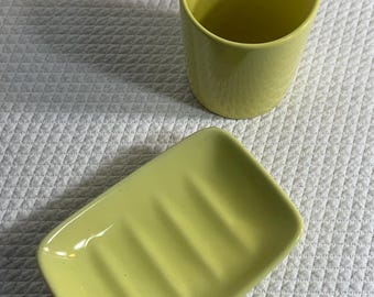 Vintage sunny yellow Soap Dish and Toothbrush Cup made in Japan.