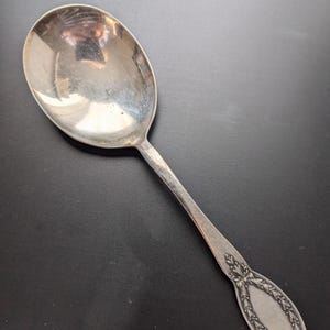 May include: A silver spoon with an ornate handle featuring a leaf design. The spoon has a rounded bowl and a long, slender handle.