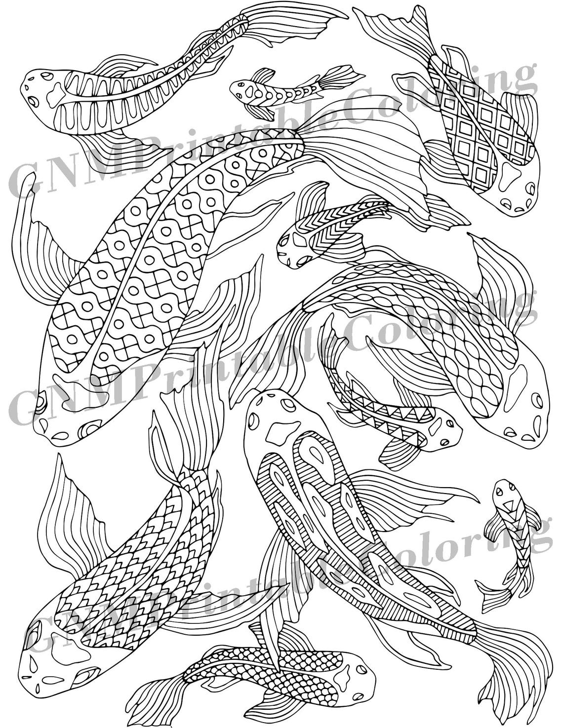 Koi Fish PDF Zentangle Coloring Page Therapy Coloring | Etsy