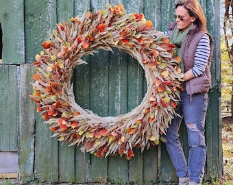 XL Rustic Fall Wreath, Fall Boho Wedding Decor, Pampas and Rust Eucalyptus Wreath, Outdoor Fall Decor, Thanksgiving Mantle Wreath