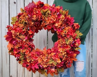 Bright Red and Orange Fall Hydrangea and Maple Leaf Wreath, Colorful Fall Foliage Wreath, Fall Door Wreath, Fall Farmhouse Door Wreath