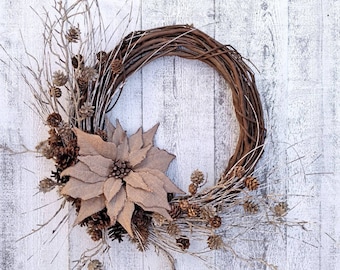 Neutral Glittering Winter Forest Wreath, Gold Poinsettia Wreath, Rustic Pine Cone and Branches Wreath, Minimal Winter Decor, Sparkly Wreath