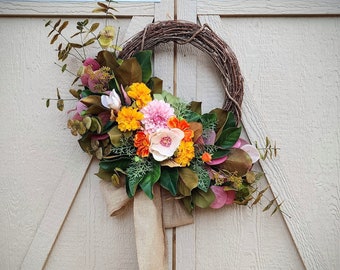 Orange and Pink Late Summer Wreath, Country Fall Wreath, Rustic Floral Wreath, Cosmo Marigold Magnolia and Mum wreath, Fall Magnolia Wreath