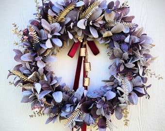 Plum Lambs Ear and Gold Fern Wreath, Sugar Plum Christmas Decor, Gold Winter Wreath, Mardi Gras Decor, Purple Door Wreath, Purple Wall Decor