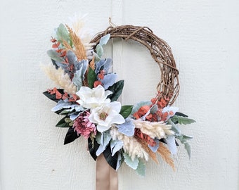 Fall Magnolia Mauve Mum and Pampas Wreath, Elegant Fall Wreath, Fall Modern Farmhouse Wreath, Fall Magnolia and Mum Wreath, Boho Farmhouse