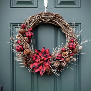 Rustic Plaid Poinsettia Wreath, Rustic Winter Wreath, Buffalo Check Christmas Wreath, Winter Farmhouse Decor,  Country Christmas Wreath