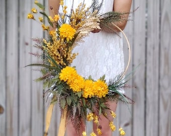 Fall Marigold Hoop Wreath, Gold Fall Wreath, Whimsy Boho Wreath, October Wreath, Day of Dead Decor, Farmhouse Wreath, Thanksgiving Wreath