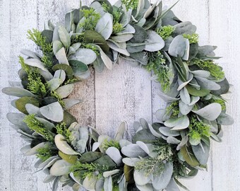 Winter Lambs Ear Wreath, Lambs Ear and Pine Wreath, Winter Farmhouse Wreath, Winter Front Door Wreath, Winter Greenery Wreath, Frost Wreath