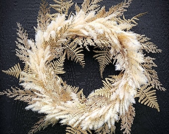 Gold Pampas and Fern Wreath, Boho Chic Wall Decor, Neutral Wreath, Modern Farmhouse Wreath, Gold Fall Wreath, Whimsical Fall Door Wreath