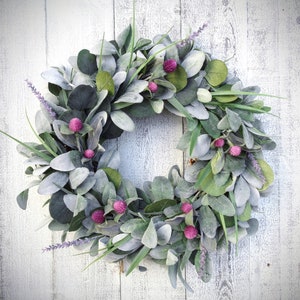Lambs Ear with Clover and Lavender Wreath, Summer Spring Clover Wreath, Farmhouse Wreath, Spring Door Wreath, Purple Farmhouse Wreath