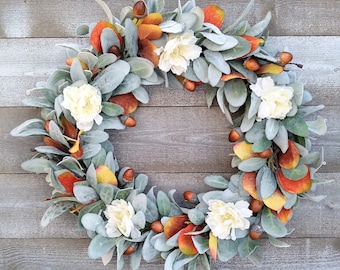Fall Lambs Ear with Eucalyptus and Acorn Wreath, Fall Lambs Ear Wreath, Fall Farmhouse Wreath, Fall Door Wreath, Fall Acorn, Fall Eucalyptus