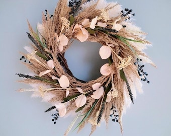 Summer Boho Wreath, Pampas and Blueberry Wreath, Summer Neutral Wreath, Boho Wall Decor, Summer Grass Wreath, Neutral Home Decor