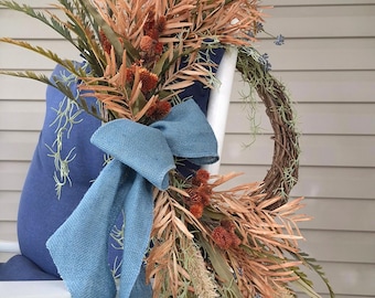 Orange and Blue Fall Beach Wreath, Cascading Coastal Door Wreath, Rustic Fern and Grass Wreath, Coastal Autumn Decor, Fall Beach Door Wreath