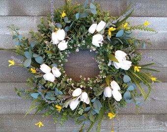 Spring Eucalyptus and Tulip Wreath, Tulip Wreath, Spring Farmhouse Wreath, Spring Front Door Wreath, Spring Wreath, Eucalyptus Wreath