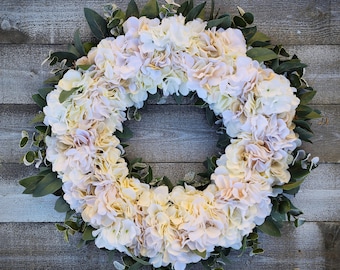 White Winter Hydrangea Wreath, Neutral Winter Decor, Frosted Winter Farmhouse Decor, White and Green Winter Wreath, Frosted Christmas Wreath