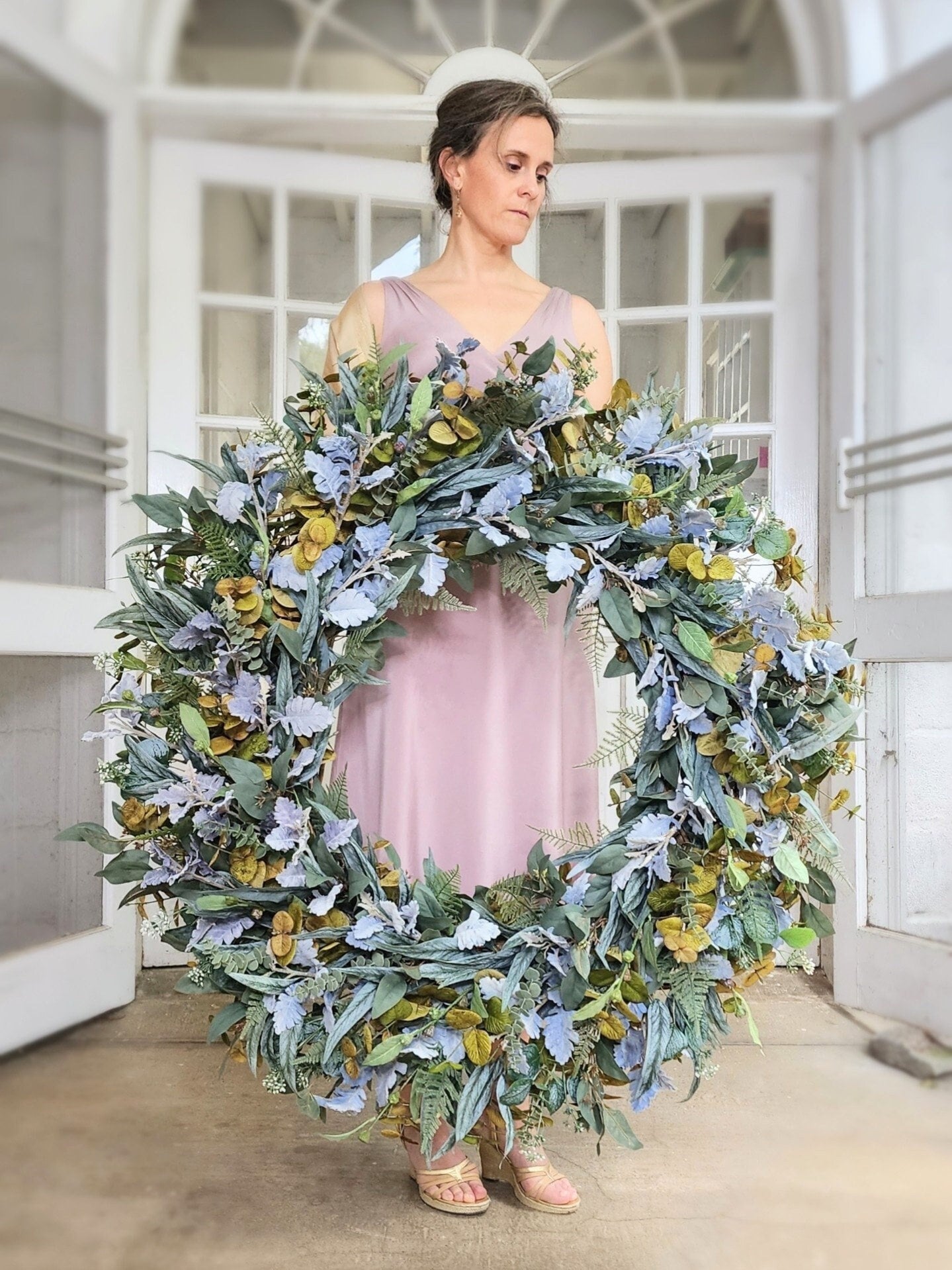 3 Cream flower and Eucalyptus Hair Wreaths Eucalyptus Wreath - Silver Dollar Eucalyptus and Willow  main image 4