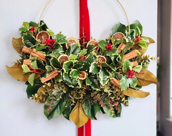 Christmas Holly Hoop Wreath, Classic Christmas Wreath, Holly Berry Wreath, Winter Hoop Wreath, Elegant Christmas Wreath