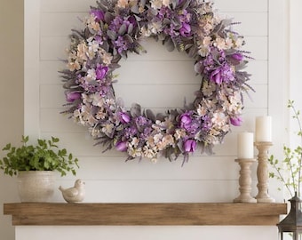 XL paarse lentebloemenkrans, lila tulp- en lavendelkrans, grote elegante lenteboerderijdecor, extra grote lentemantelkrans