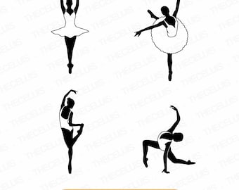 May include: Four black silhouette images of ballerinas in different poses. The ballerinas are wearing tutus and are in various dance positions.