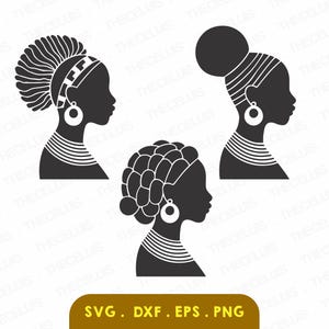 MUJER AFRICANA Perfil Lateral Archivo Svg, Dxf, Eps, Png - Corte de Vinilo, Grabado, Impresión, Retrato de Silueta, Cricut, Descarga Instantánea