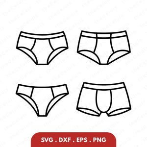 May include: A set of four black and white line art icons depicting different styles of underwear, including briefs and trunks, with the text SVG . DXF . EPS . PNG displayed at the bottom of the image on a red background.