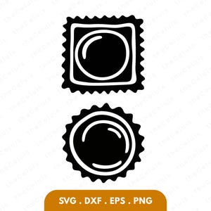 Könnte beinhalten: Schwarz-weiße Grafik von zwei Kondomverpackungen. Eine ist quadratisch mit gezacktem Rand, die andere rund mit gezacktem Rand. Der untere Teil des Bildes enthält den Text "SVG . DXF . EPS . PNG".