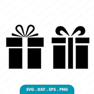 May include: Two black gift box illustrations with white ribbon and bow details. The boxes are rectangular and have a simple, clean design. The bottom of the image has the text "SVG. DXF. EPS. PNG" in white text on a teal background.