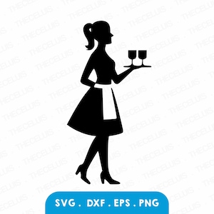 May include: A black silhouette of a server carrying a tray with two wine glasses. The server is wearing a dress, apron, and heels. The image includes the text "SVG. DXF. EPS. PNG" in a blue rectangle at the bottom.