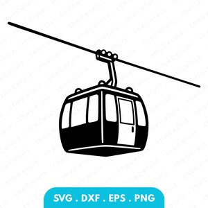 May include: Black and white illustration of a cable car suspended from a cable. The cable car has a rectangular shape with windows and a door. The image includes the text "SVG . DXF . EPS . PNG" in a blue rectangle.