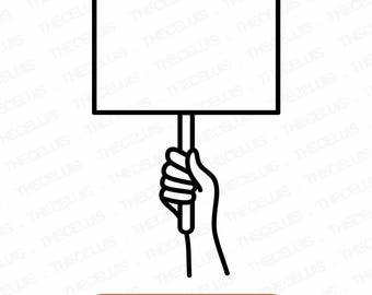 May include: A black and white line drawing of a hand holding a blank rectangular sign. The sign is on a pole. The bottom of the image has the text "SVG . DXF . EPS . PNG".