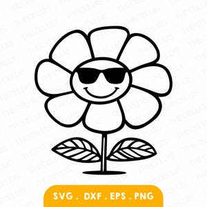 Smiley bloem met zonnebril Svg, Dxf, Eps, Png-bestand - vinyl snijden bestand, bloemen cartoon clipart, Cricut, silhouet, Instant Download