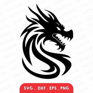 Könnte beinhalten: Schwarze und weiße Tribal-Stil-Drachenkopf-Silhouette. Der Drache blickt nach rechts und hat einen grimmigen Ausdruck.