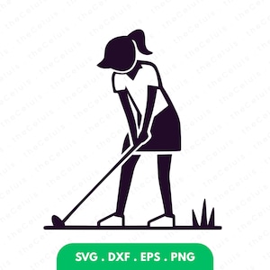 Puede incluir: Silueta negra de una persona jugando al golf, sobre un fondo blanco. La figura está en posición de swing, con un palo y una pelota de golf. La imagen incluye el texto "SVG. DXF. EPS. PNG" en un rectángulo verde.
