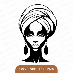 DONNA AFRICANA Svg, Eps, Dxf, Png - File di taglio vinile, File digitale turbante, Clipart ritratto femminile, Cricut, Silhouetteo, Download immediato