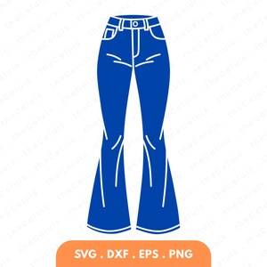 Può includere: Illustrazione di jeans blu a zampa d'elefante con linee bianche. I jeans hanno vita alta, tasche e chiusura con bottone. Il fondo dei jeans si allarga. L'immagine include il testo "SVG . DXF . EPS . PNG" in un rettangolo arancione.
