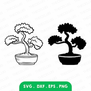 Arbre de bonsaï contour & Silhouette fichiers Svg, Eps, Dxf, Png - découpe de vinyle, gravure, impression, clipart petit arbre, Cricut, téléchargement immédiat
