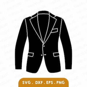 May include: A black blazer silhouette with white outline details, including a notched lapel, a chest pocket, and two lower pockets. The design features a two-button closure and long sleeves. The bottom of the image includes the text "SVG . DXF . EPS . PNG".