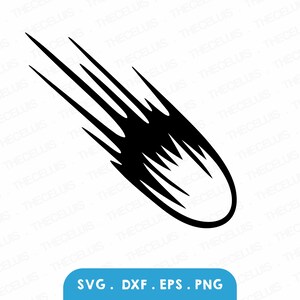 May include: A black comet illustration with a curved tail and multiple streaks. The comet is a solid black shape against a white background. The image includes the text "SVG. DXF. EPS. PNG" in a blue rectangle.