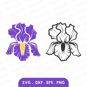 Może przedstawiać: Dwa projekty kwiatów irysa, jeden w kolorze fioletowym z żółtym środkiem, drugi w czerni i bieli. Obraz zawiera tekst "SVG. DXF. EPS. PNG" na fioletowym tle, wskazujący formaty plików.