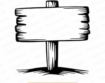 May include: A black and white line drawing of a wooden sign with a blank rectangular space. The sign is attached to a wooden post and is set on a grassy surface.