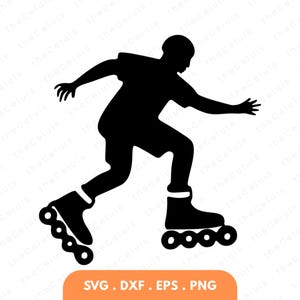 Peut inclure: Silhouette noire d'une personne faisant du roller, les bras tendus. La personne porte un short, un t-shirt et des patins à roulettes. L'image comprend le texte "SVG . DXF . EPS . PNG" dans un rectangle orange.