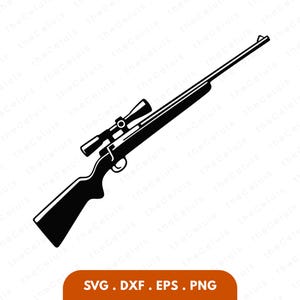 May include: A black and white illustration of a rifle with a scope. The rifle is depicted in a side view, showcasing its barrel, stock, and scope. The image includes the text "SVG. DXF. EPS. PNG" at the bottom.