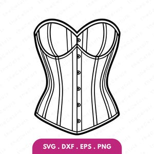 May include: A black and white line art illustration of a strapless corset featuring a sweetheart neckline, vertical paneling, and a central front closure with seven visible eyelets. The design is presented as a clean, graphic vector outline.